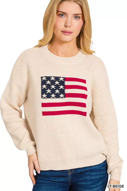 Zenana American Flag Crew Neck Sweater