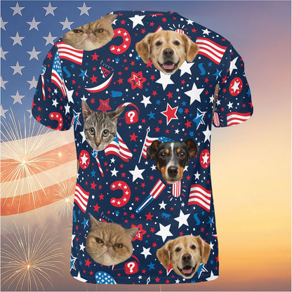 Custom Pet Face Unisex 3D T-Shirt | Personalized Dog Cat Photo Independence Day Shirt | 4th of July All-Over Printed T-Shirt 682302