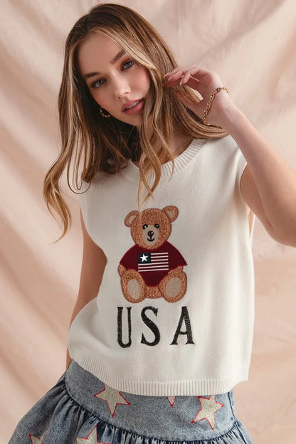 SO ME Teddy Bear Wearing An American Flag With Usa Embroidered Sweater