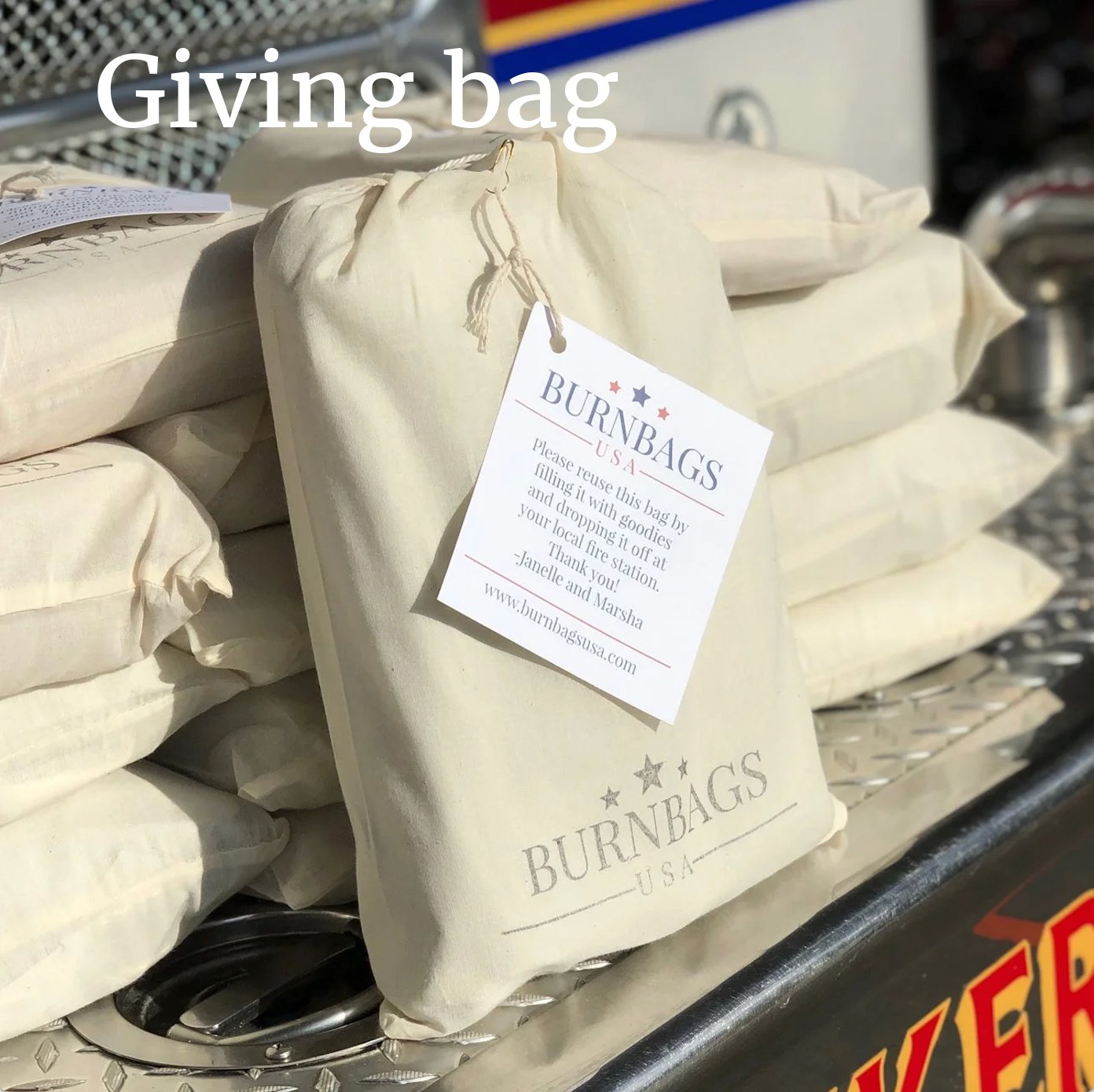 Cotton giving bag included with Fanny Pack order for donating treats to local fire stations.