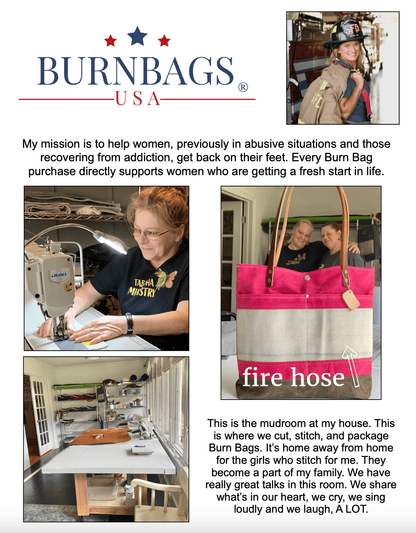Composite image showing a mission statement about supporting women in recovery, a woman sewing at a machine, and the Burn Bag workspace as a place of community and stitching.