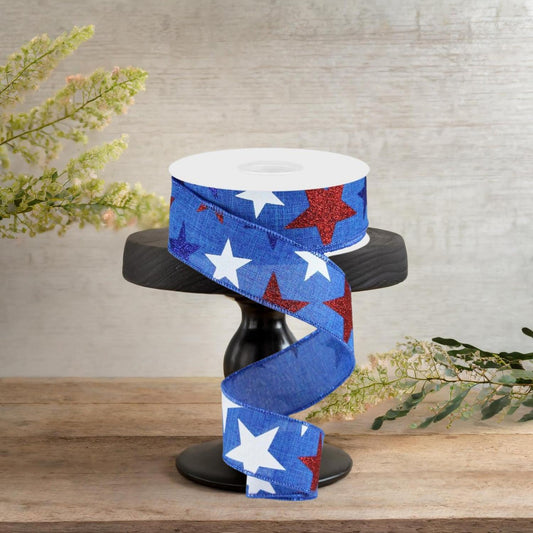 1.5" Blue Royal Canvas Ribbon: Patriotic Stars (10 Yards)