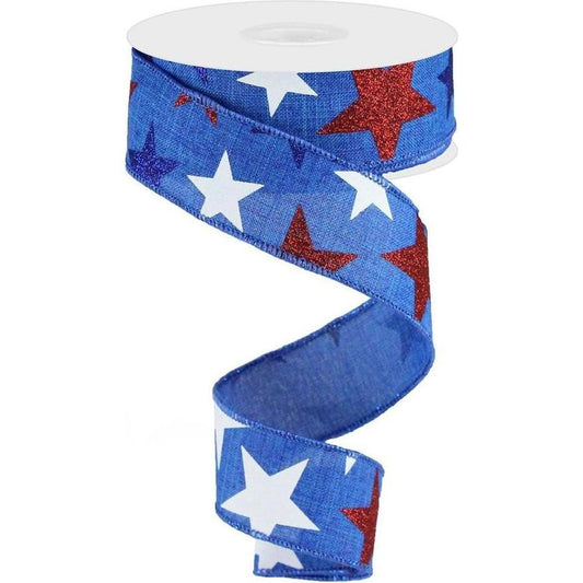 1.5" Blue Royal Canvas Ribbon: Patriotic Stars (10 Yards)
