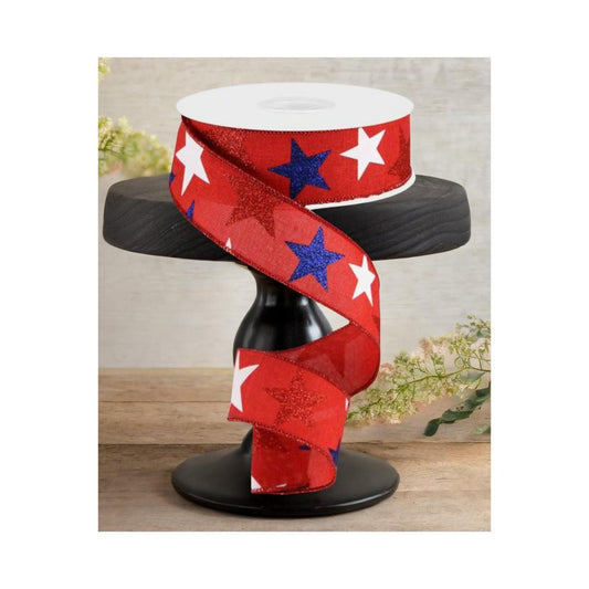 1.5" Red Royal Canvas Ribbon: Patriotic Stars (10 Yards)