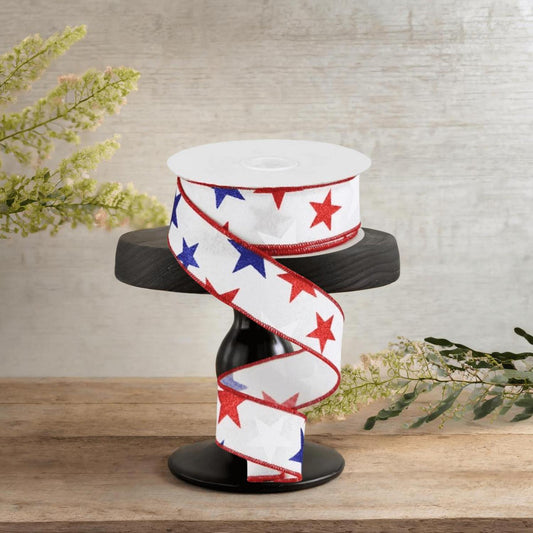 1.5" White Royal Canvas Ribbon: Patriotic Stars (10 Yards)