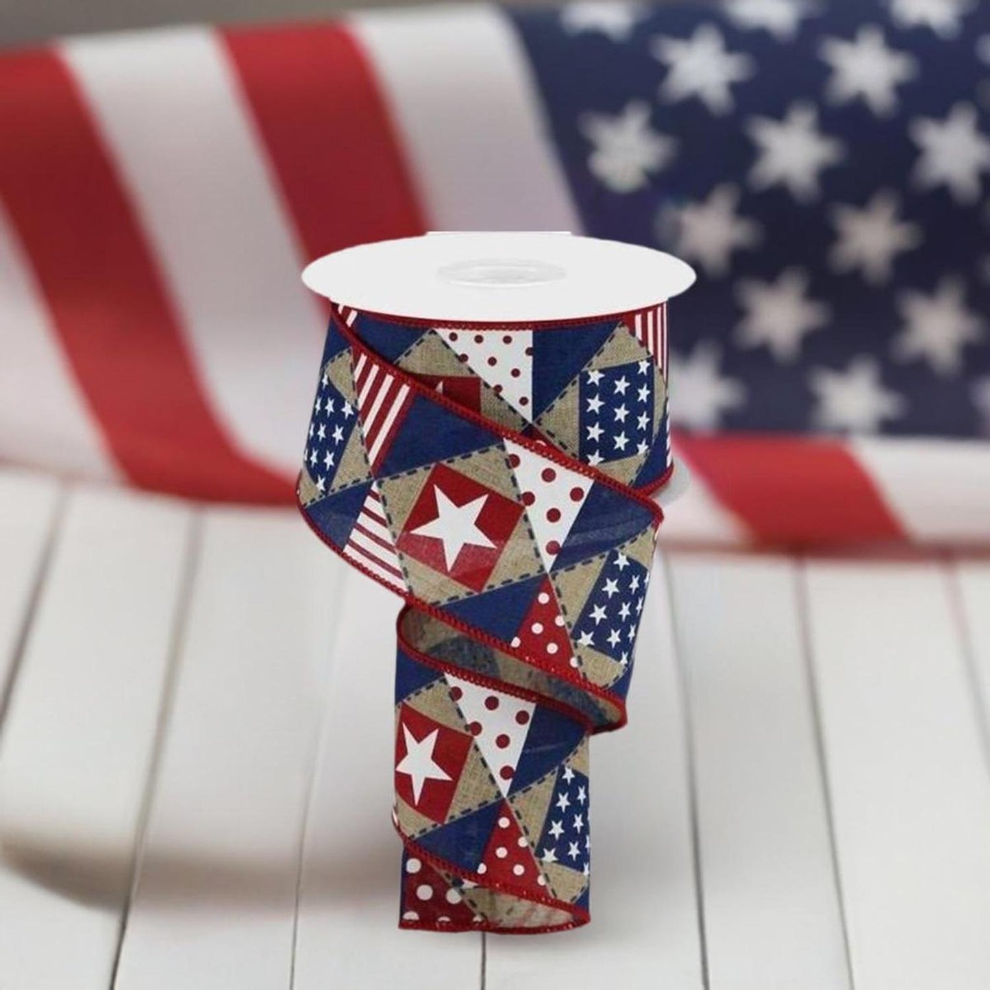 2.5" Patriotic Patchwork Royal Ribbon: Natural (10 Yards)