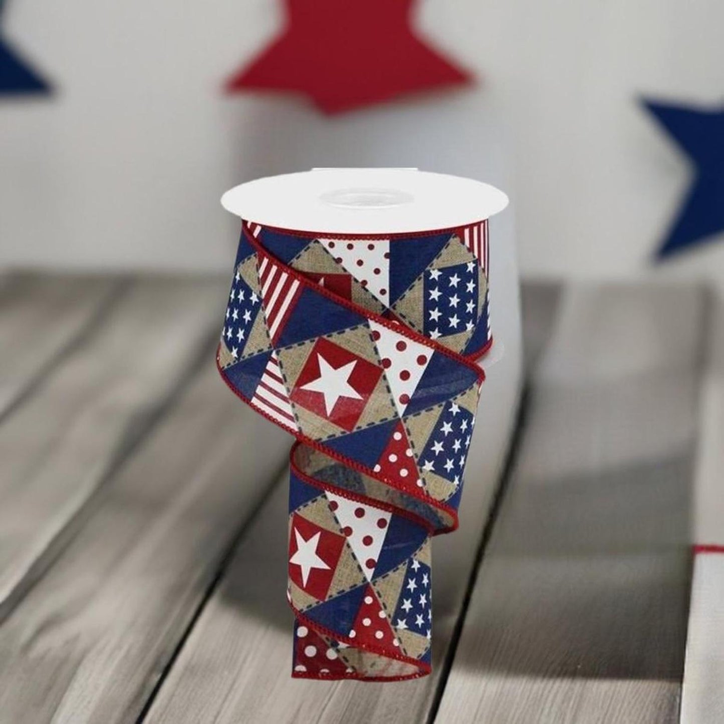 2.5" Patriotic Patchwork Royal Ribbon: Natural (10 Yards)