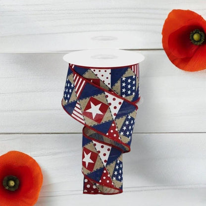 2.5" Patriotic Patchwork Royal Ribbon: Natural (10 Yards)