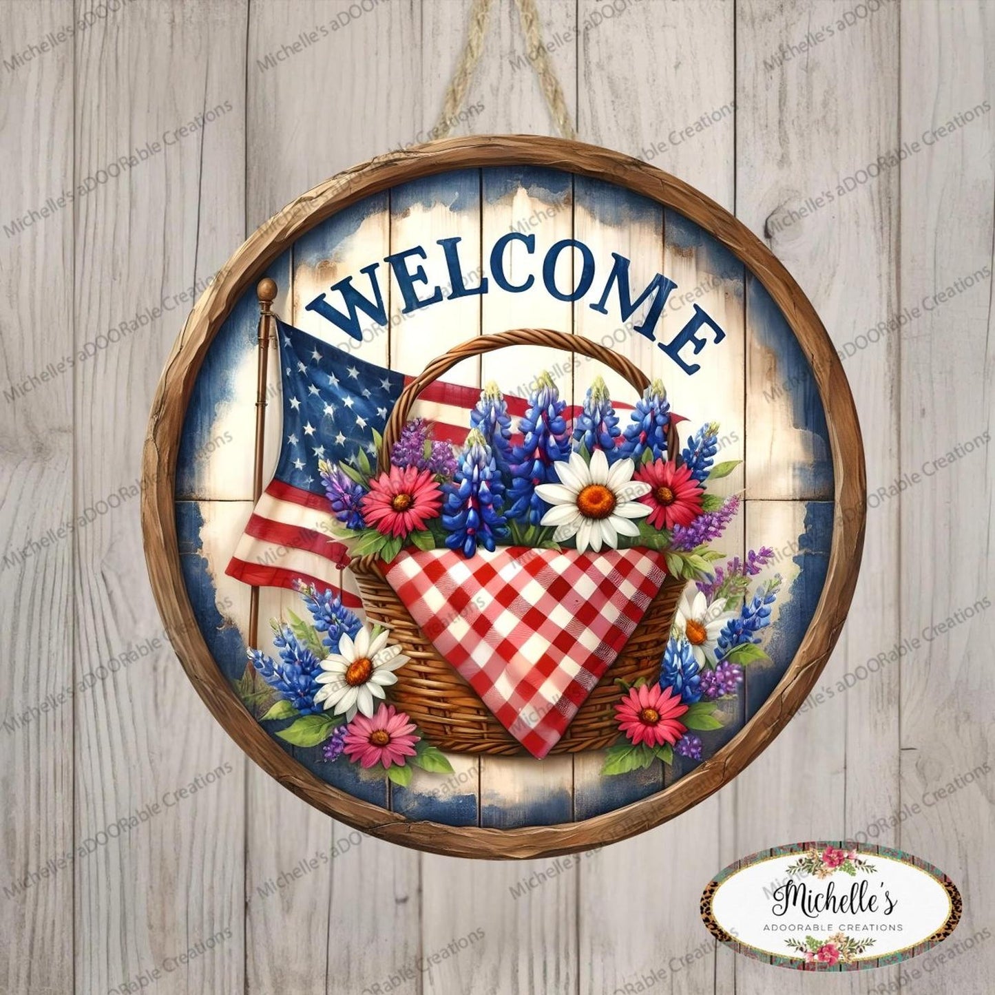 Patriotic Welcome Floral Basket Sign