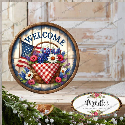 Patriotic Welcome Floral Basket Sign