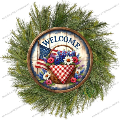 Patriotic Welcome Floral Basket Sign