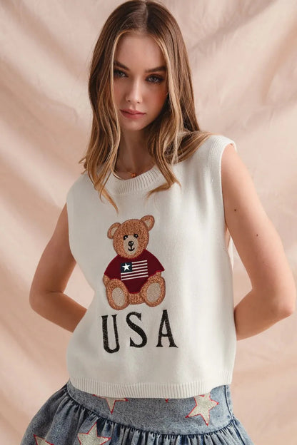 SO ME Teddy Bear Wearing An American Flag With Usa Embroidered Sweater