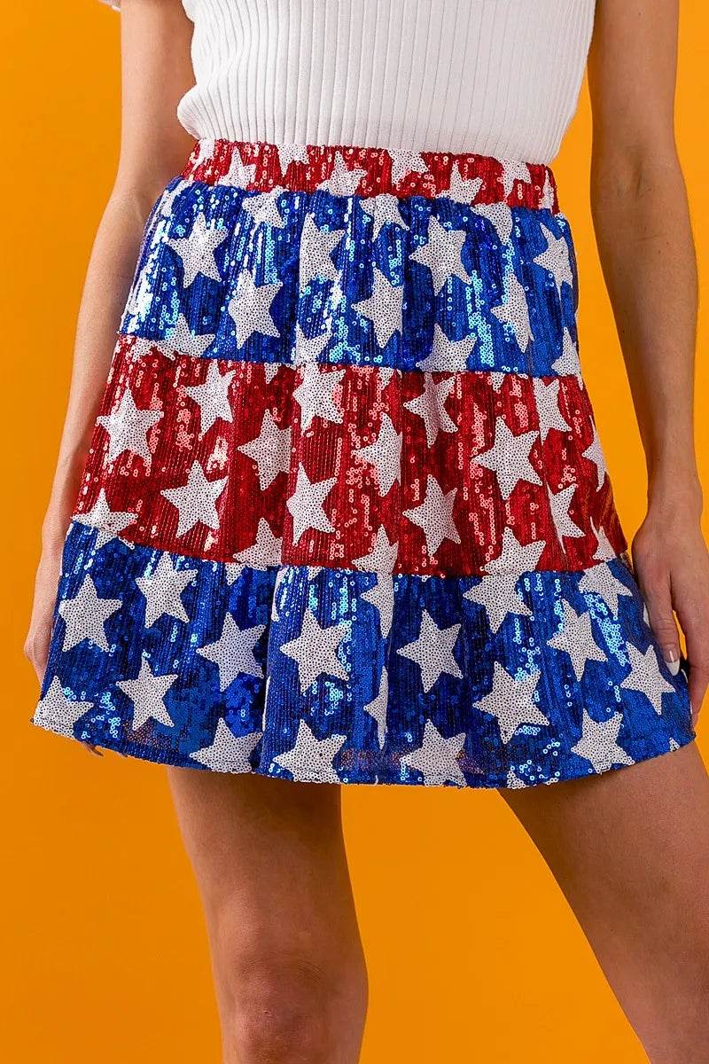American Flag Star Sequin Skirt - Patriotic Tiered Skirt for Women