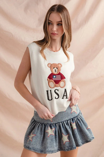 SO ME Teddy Bear Wearing An American Flag With Usa Embroidered Sweater