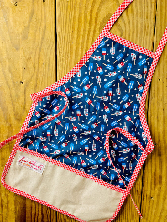 Kids Patriotic Popsicle Apron - Red White Blue Cotton Apron Ages 2-8
