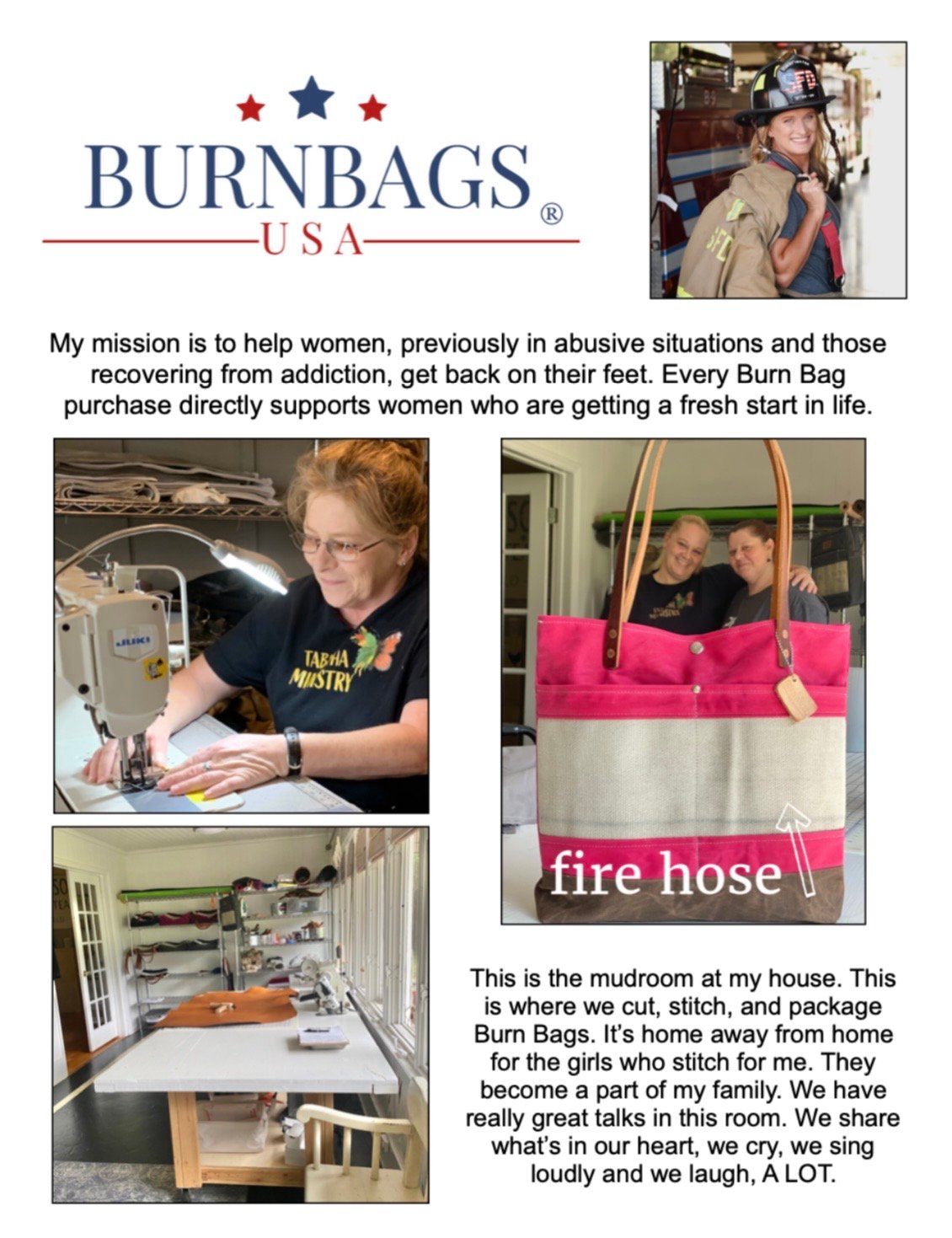 Composite image showing a mission statement about supporting women in recovery, a woman sewing at a machine, and the Burn Bag workspace as a place of community and stitching.