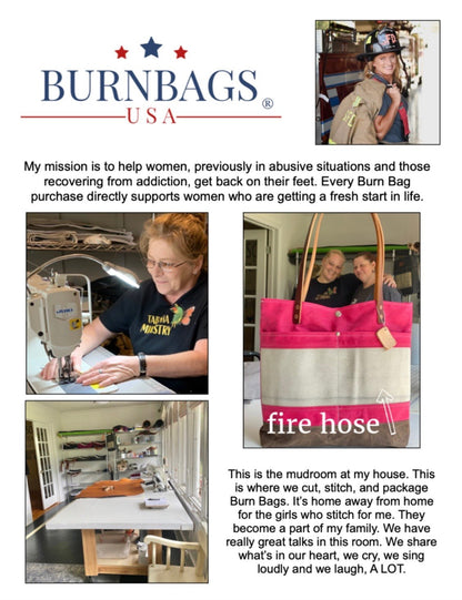 Composite image showing a mission statement about supporting women in recovery, a woman sewing at a machine, and the Burn Bag workspace as a place of community and stitching.