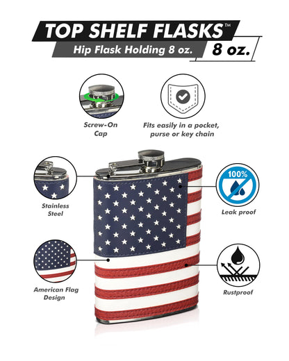 8oz American Flag Flask – Stitched Leather Wrap | Shop250America