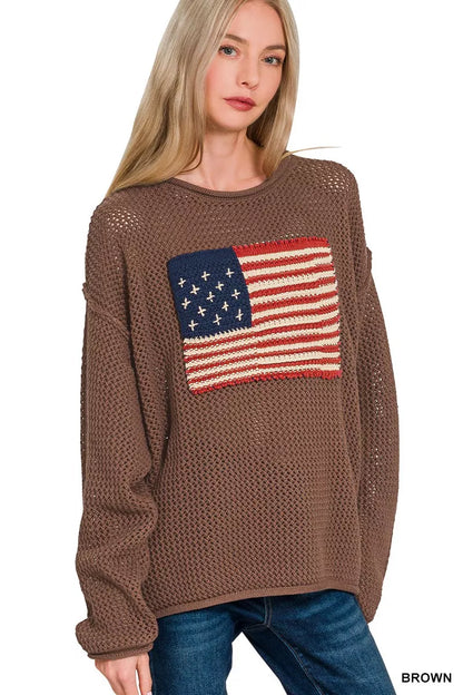 Zenana American Flag Crew Neck Sweater