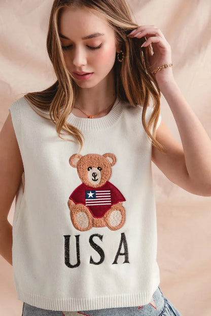 SO ME Teddy Bear Wearing An American Flag With Usa Embroidered Sweater