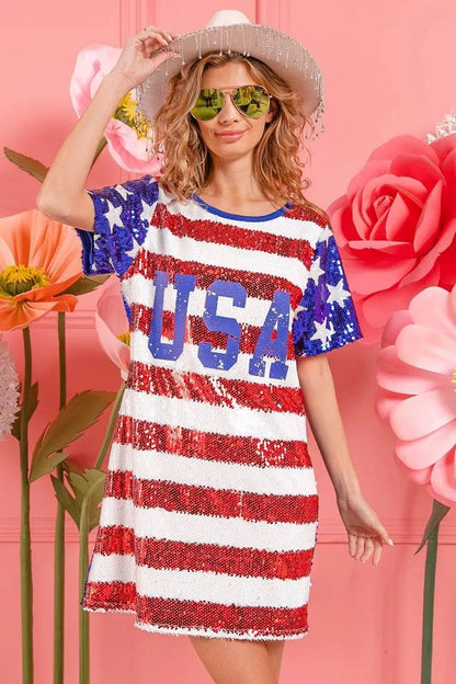 American Flag Sequin Dress - Patriotic USA Print Party Dress for Women