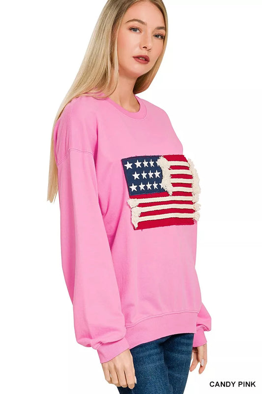 Zenana French Terry American Flag Pullover
