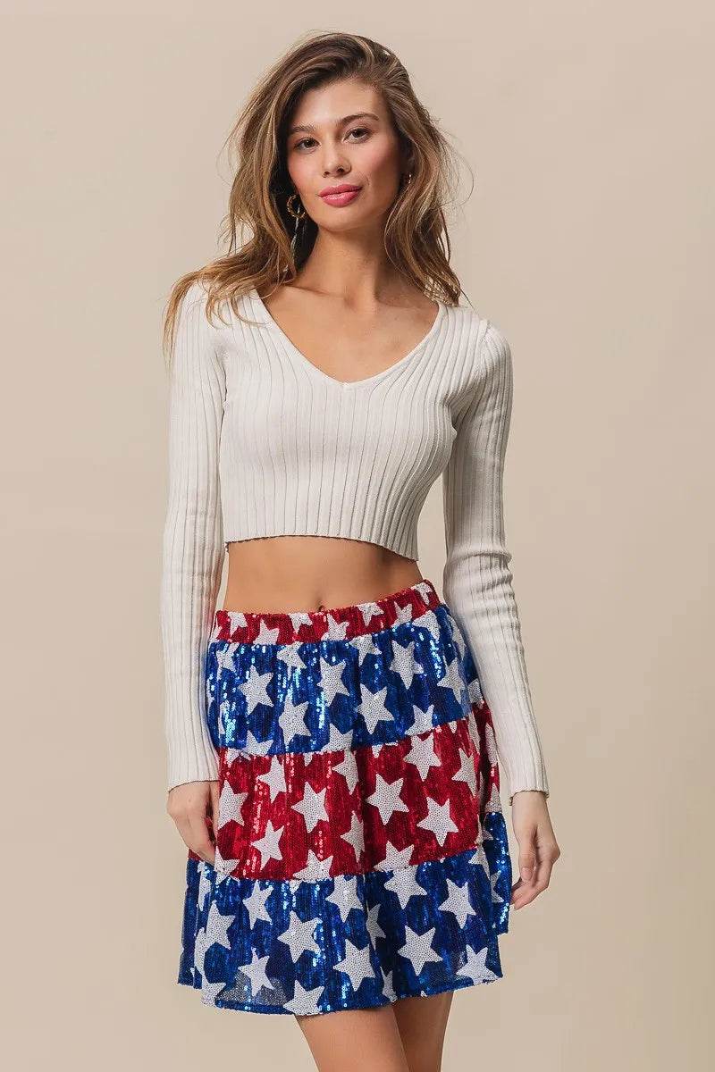 American Flag Star Sequin Skirt - Patriotic Tiered Skirt for Women