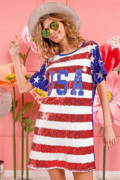 American Flag Sequin Dress - Patriotic USA Print Party Dress for Women