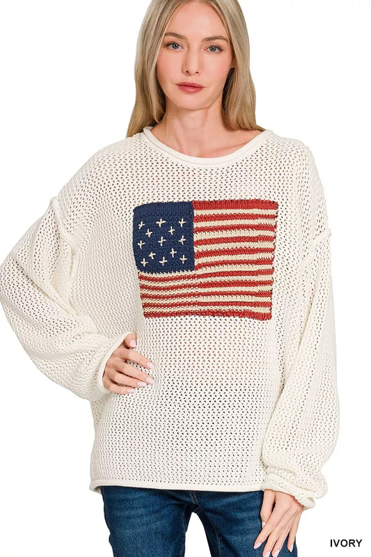 Zenana American Flag Crew Neck Sweater