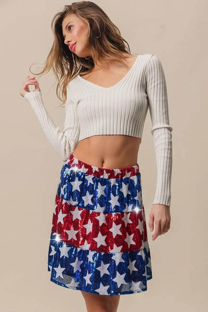 American Flag Star Sequin Skirt - Patriotic Tiered Skirt for Women