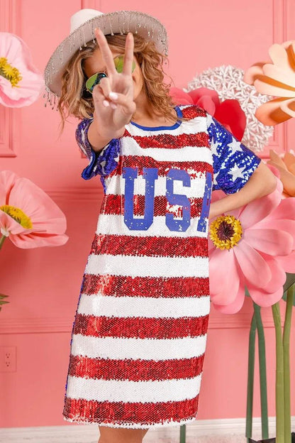 American Flag Sequin Dress - Patriotic USA Print Party Dress for Women