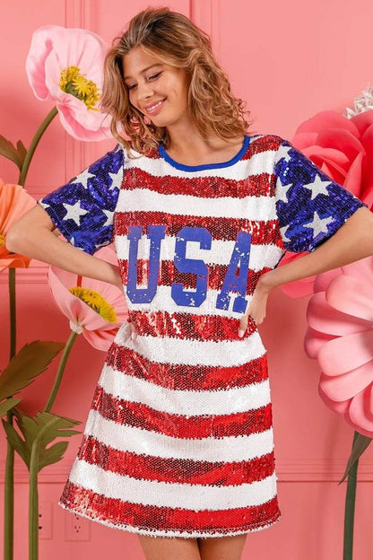 American Flag Sequin Dress - Patriotic USA Print Party Dress for Women