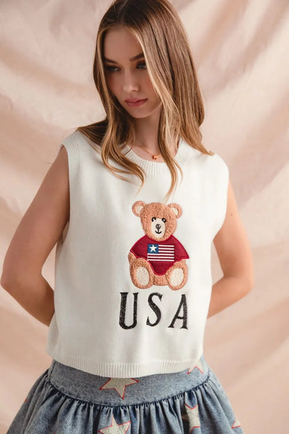 SO ME Teddy Bear Wearing An American Flag With Usa Embroidered Sweater
