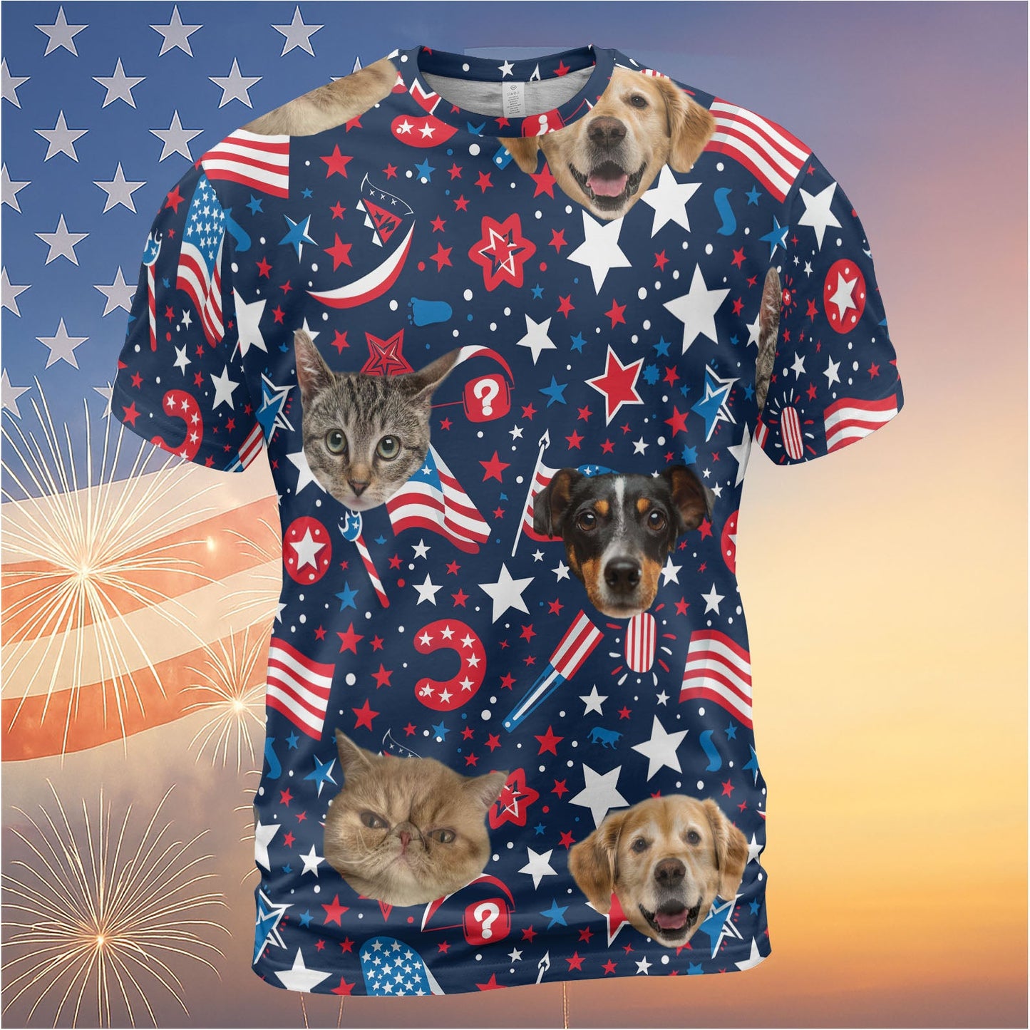 Custom Pet Face Unisex 3D T-Shirt | Personalized Dog Cat Photo Independence Day Shirt | 4th of July All-Over Printed T-Shirt 682302