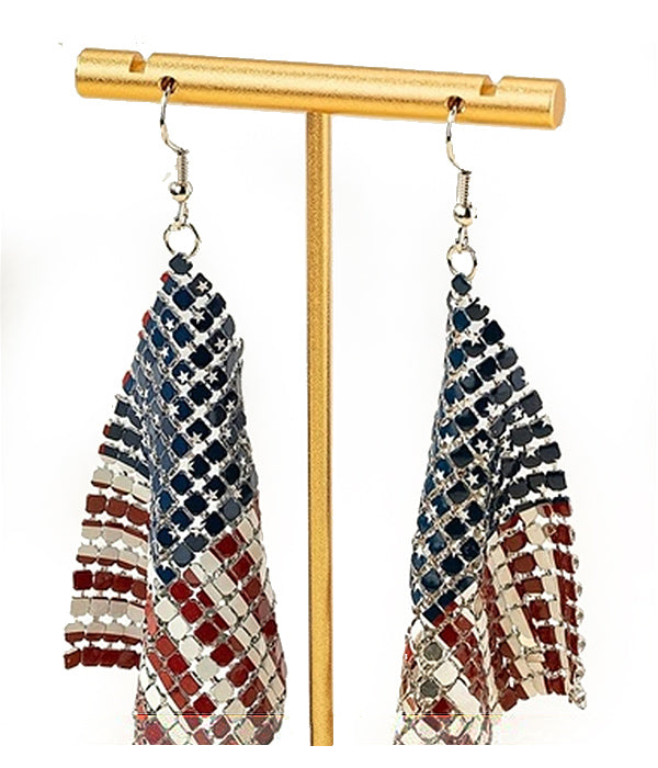 Patriotic Flag Mesh Chain Earrings – Red White Blue Statement