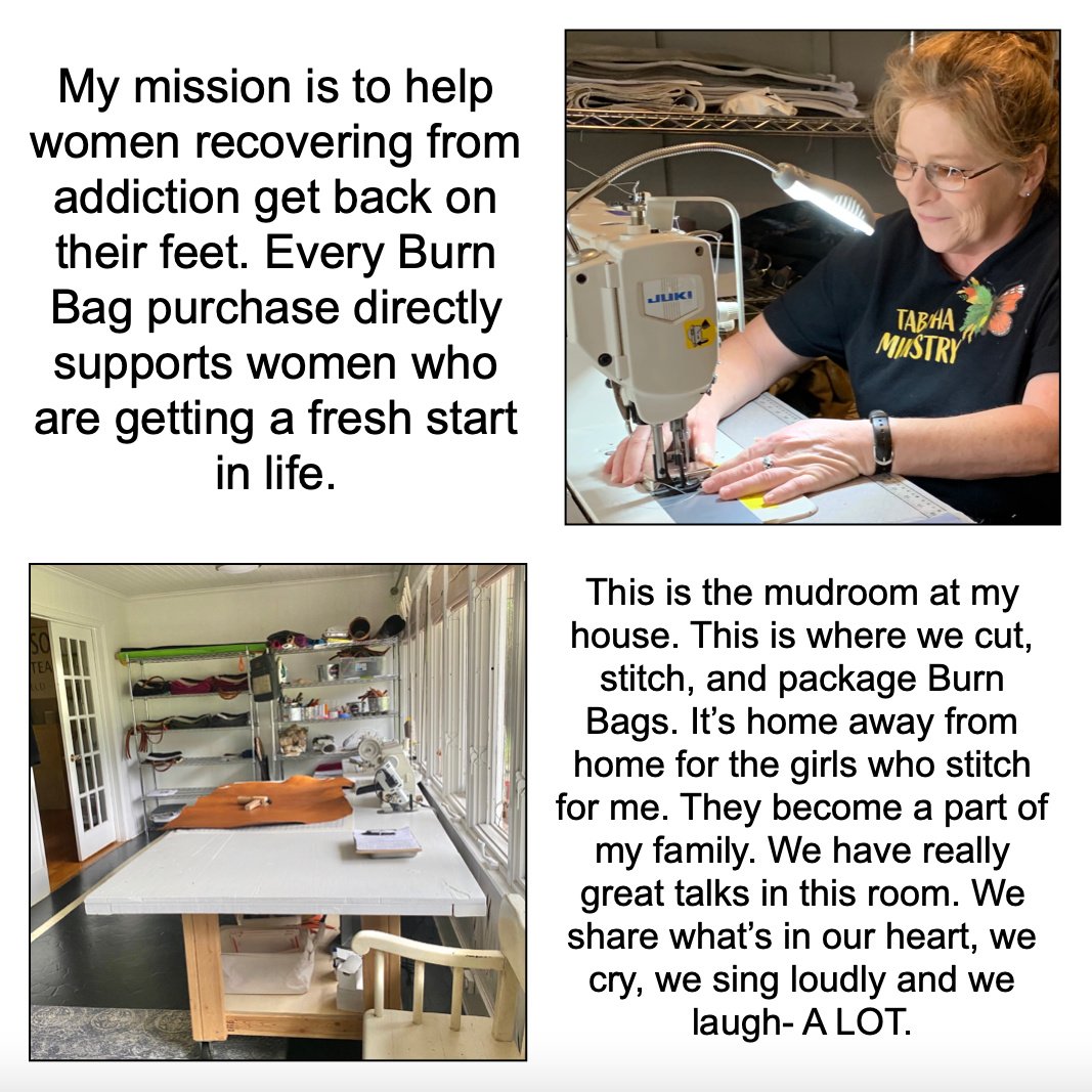 Composite image showing a mission statement about supporting women in recovery, a woman sewing at a machine, and the Burn Bag workspace described as a place of community and stitching.