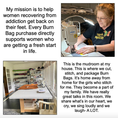 Composite image showing a mission statement about supporting women in recovery, a woman sewing at a machine, and the Burn Bag workspace described as a place of community and stitching.