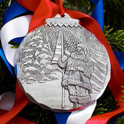Patriotic Santa Ornament - Hand-Hammered Aluminum Christmas Tree Decoration