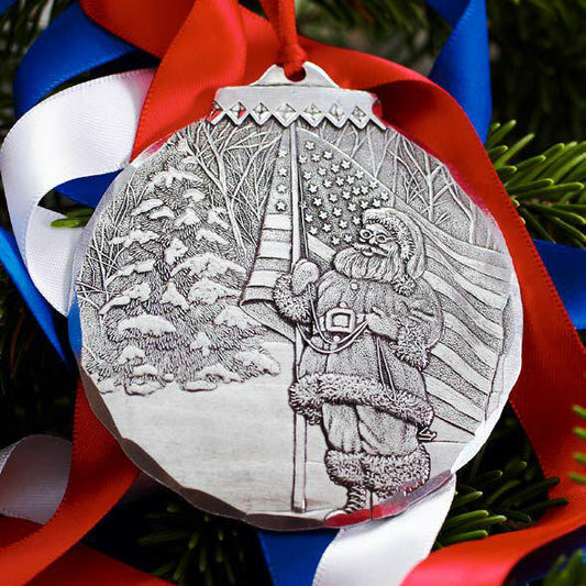 Patriotic Santa Ornament - Hand-Hammered Aluminum Christmas Tree Decoration