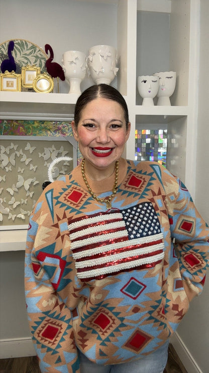 USA Flag Aztec Print Cardigan - Women's Patriotic Knit Sweater