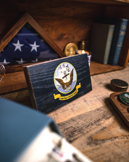 Navy Wooden Desk Flag – American Oak | Made in USA | Flags of Valor