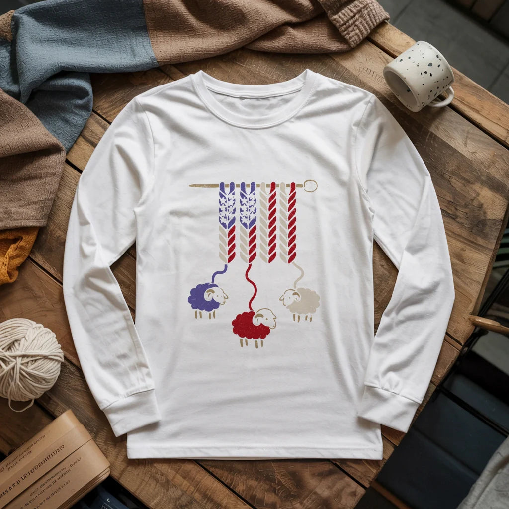 America Wool Long Sleeve T-Shirt - Patriotic Yarn Art for Knitters & Crocheters