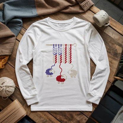 America Wool Long Sleeve T-Shirt - Patriotic Yarn Art for Knitters & Crocheters
