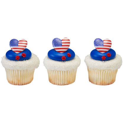 I Love the USA Cupcake Rings 144 Count - Patriotic Heart Cake Toppers